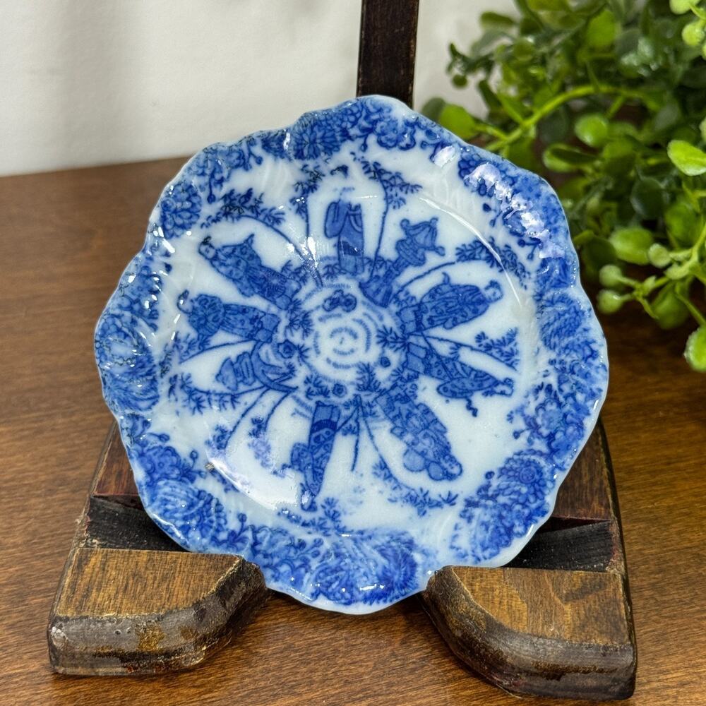 Antique Blue Transferware Butter Pat Dish Asian Curiosities Scalloped 3" R76
